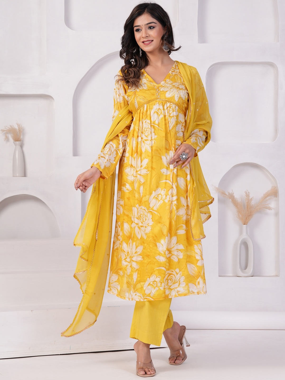 

KALINI Floral Printed V-Neck Anarkali Beads and Stones Kurta With Trousers & Dupatta, Yellow