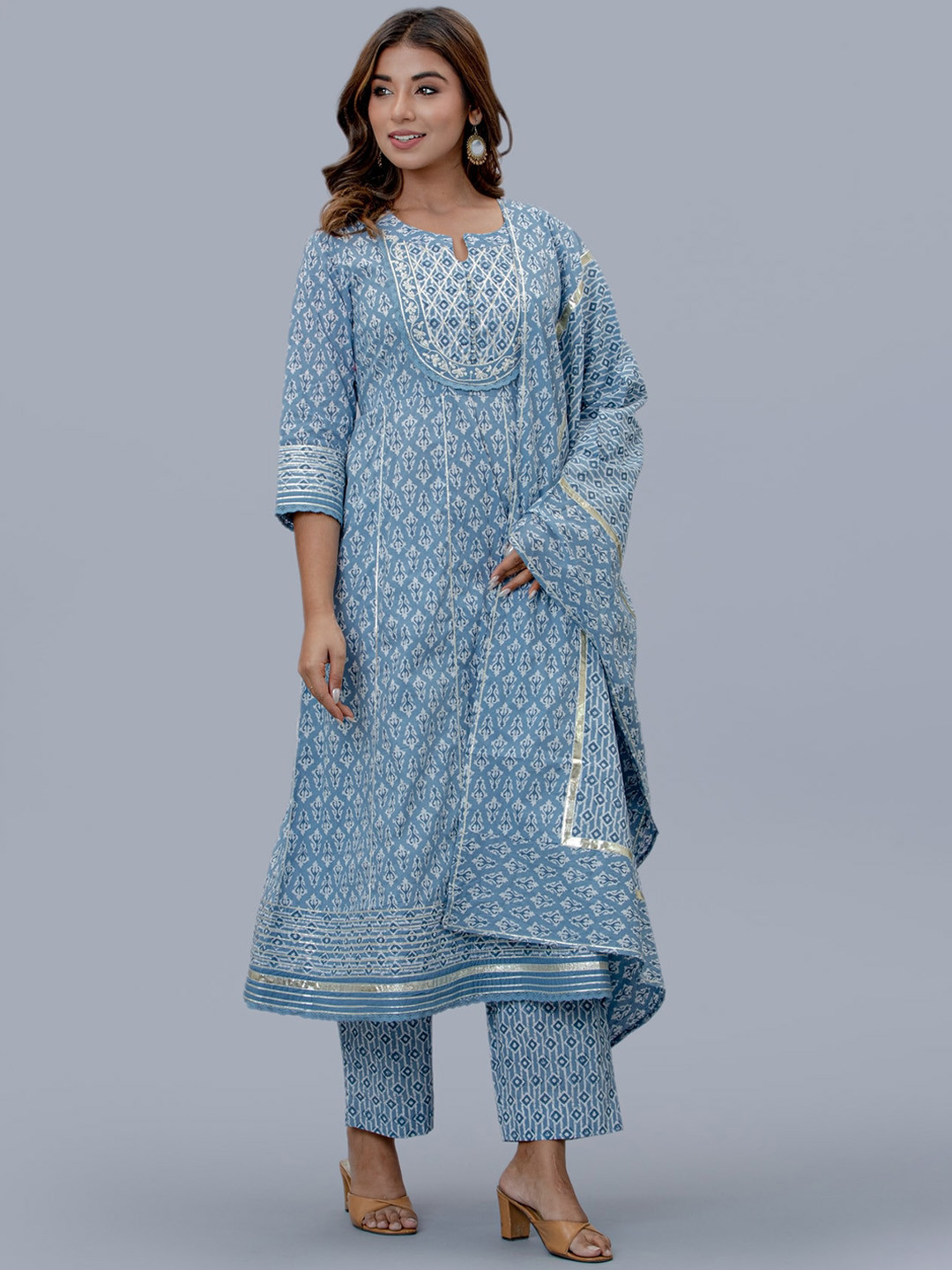 

KALINI Floral Printed Gotta Patti Pure Cotton A-Line Kurta with Trousers & Dupatta, Blue