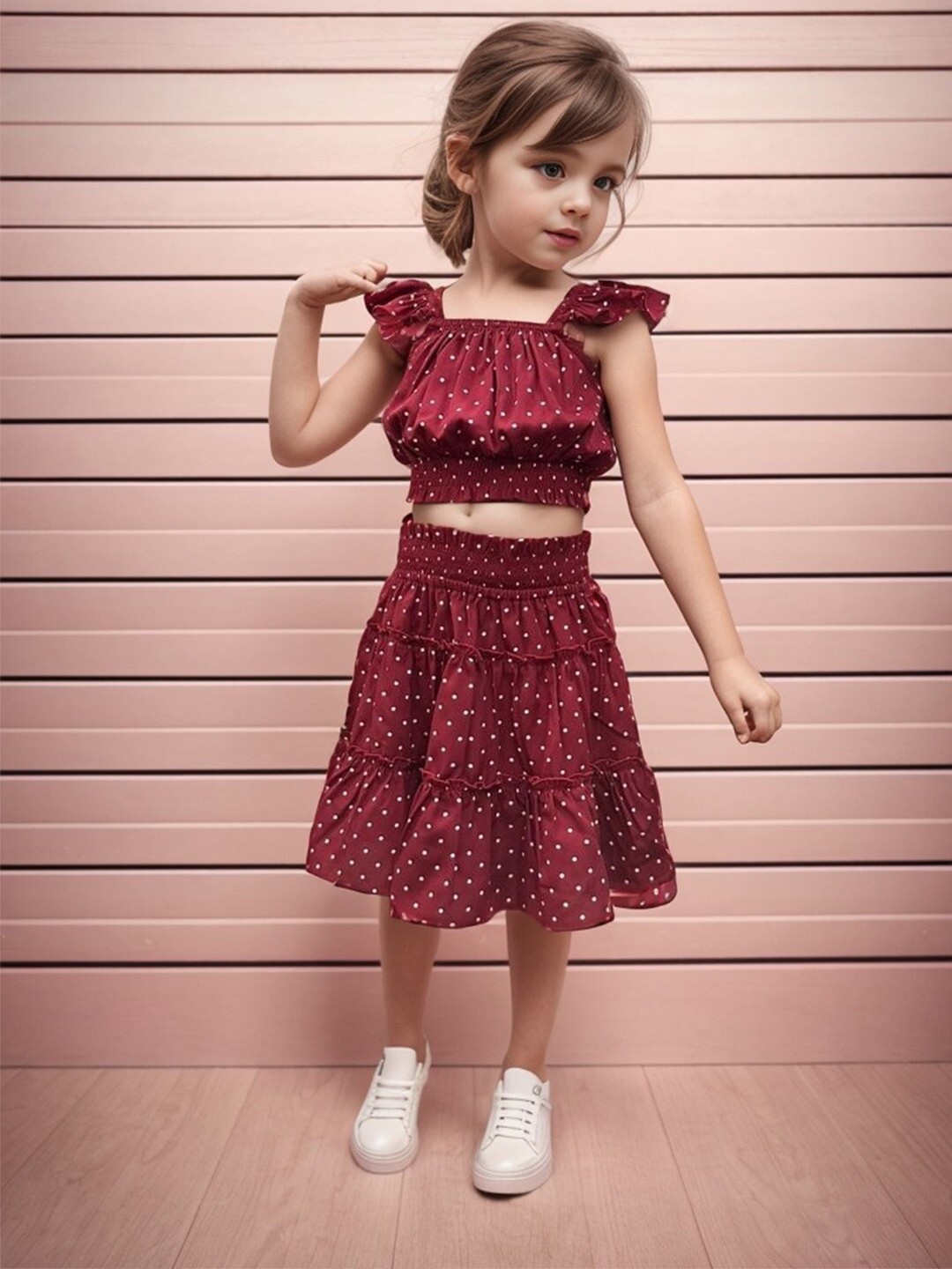

A.T.U.N. Girls Printed Top with Skirt, Maroon