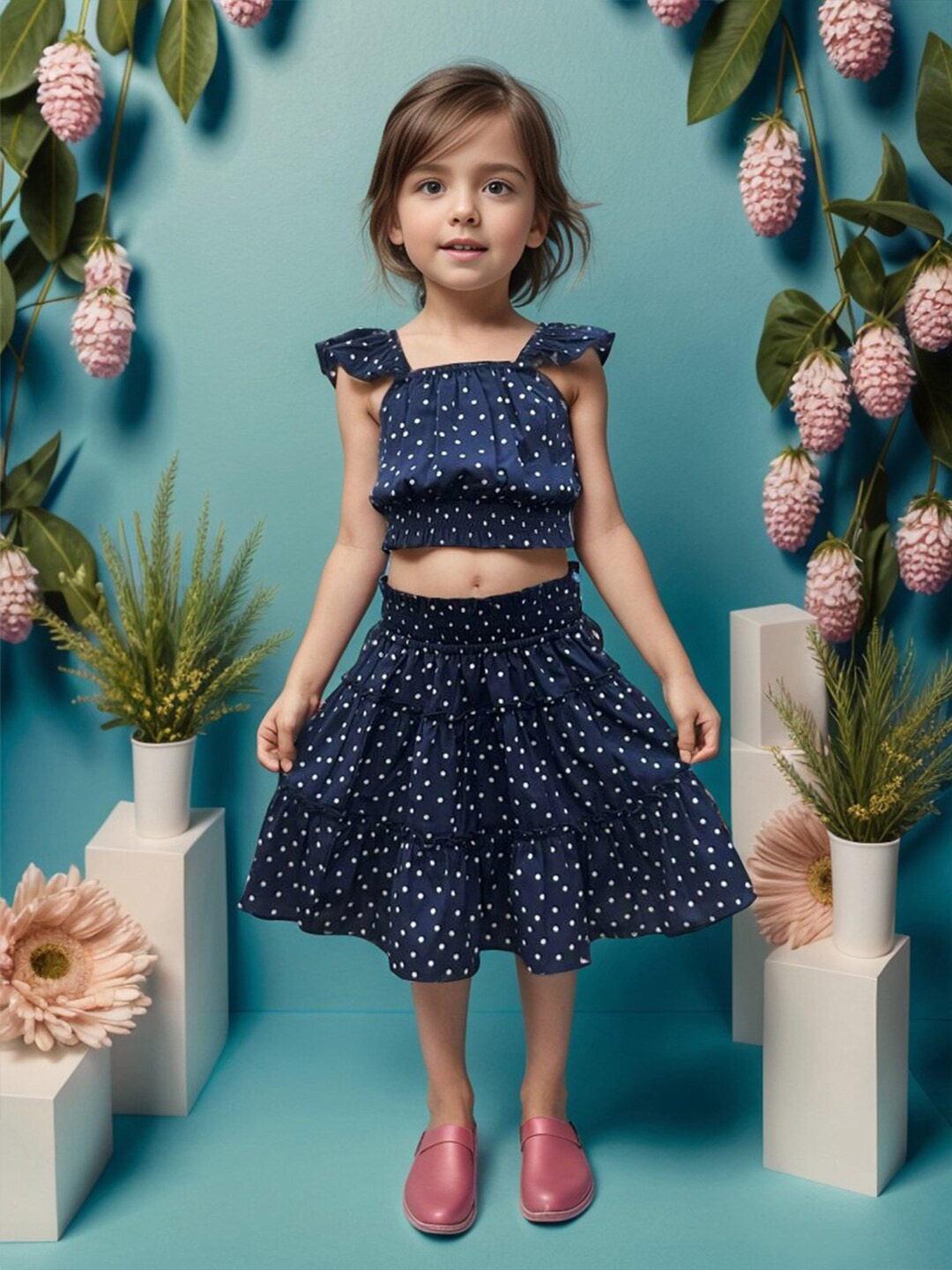 

A.T.U.N. Girls Printed Top with Skirt, Navy blue