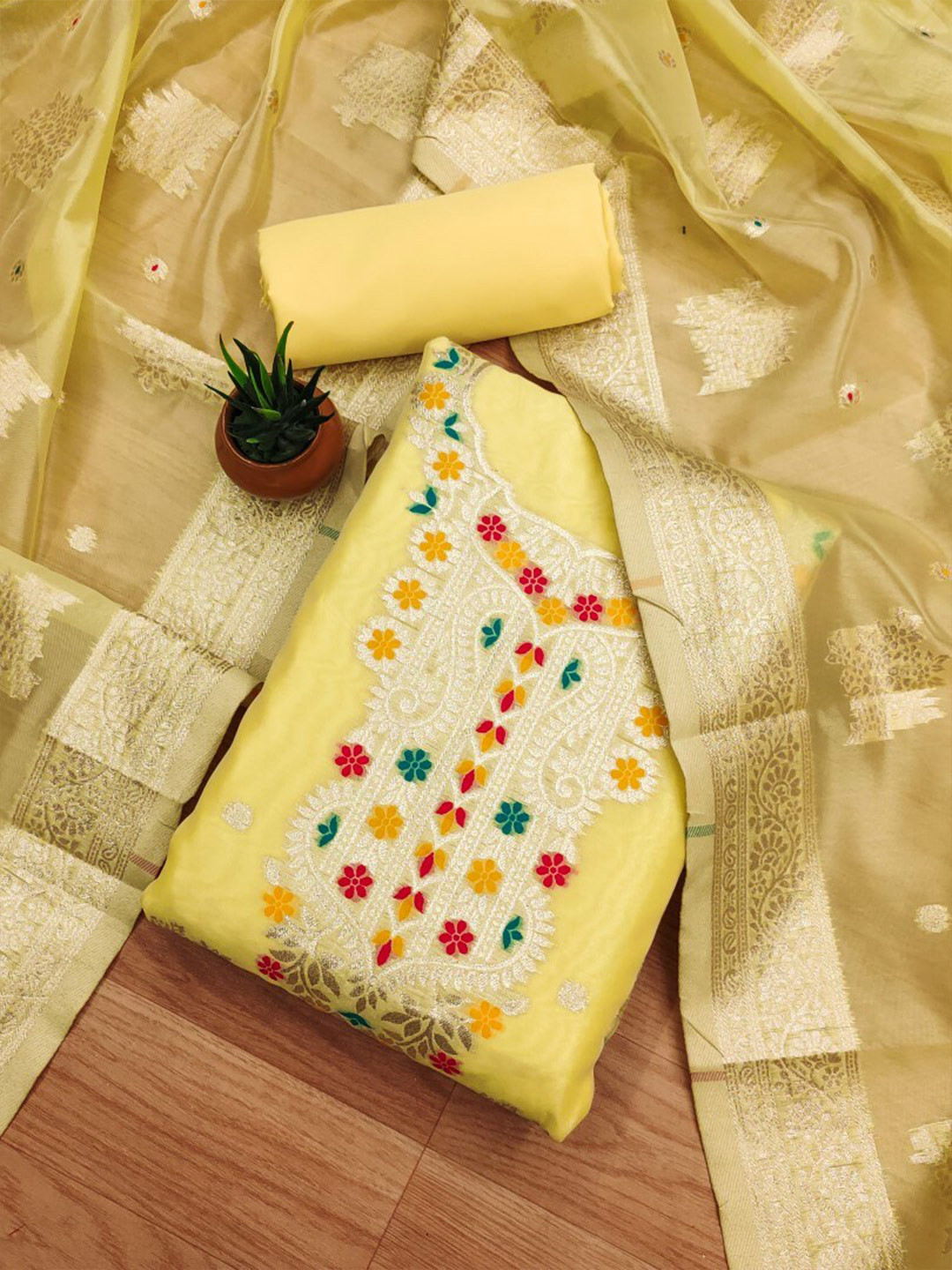 

KALINI Ethnic Motifs Organza Unstitched Dress Material, Yellow