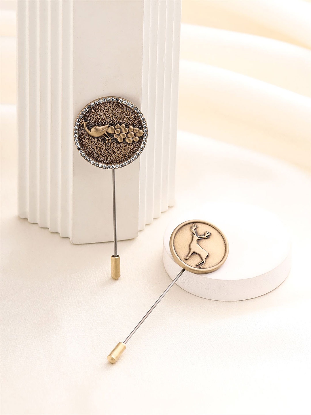 

COSA NOSTRAA Men Set Of 2 Peacock & Stag Lapel Pins Accessory Gift Set, Gold