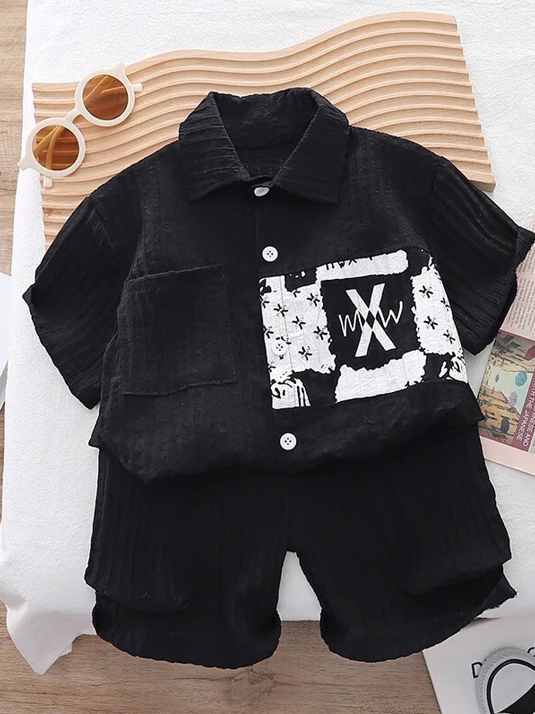

TrendyKid Boys Shirt Collar Printed Top with Shorts, Black
