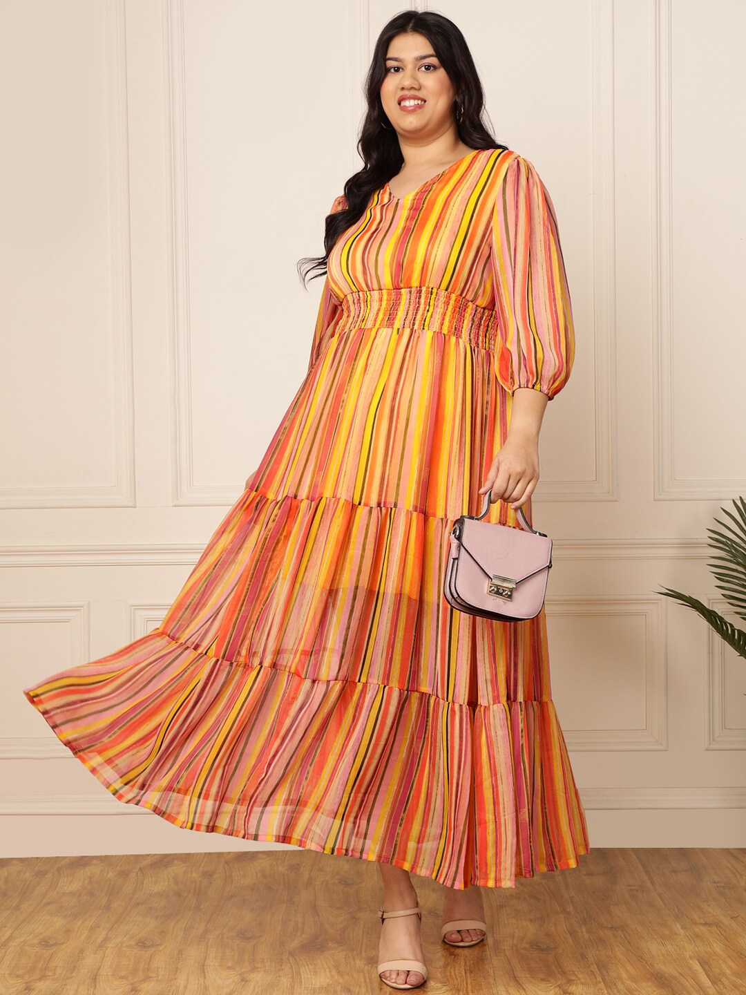 

DEEBACO Plus Size Striped Puff Sleeve Chiffon Maxi Dress, Yellow