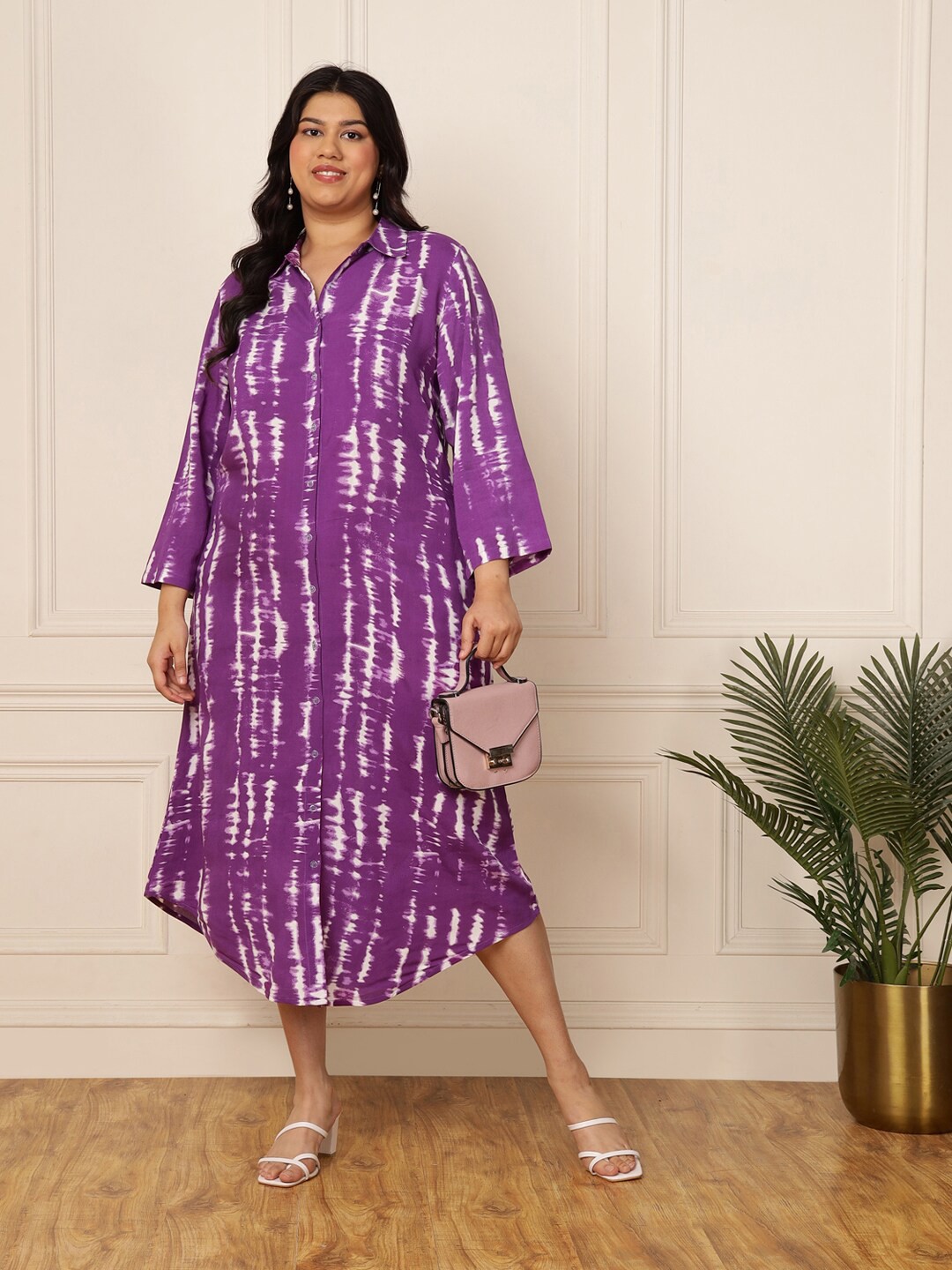 

DEEBACO Plus Size Ethnic Motifs Printed Flared Sleeve A-Line Midi Dress, Lavender