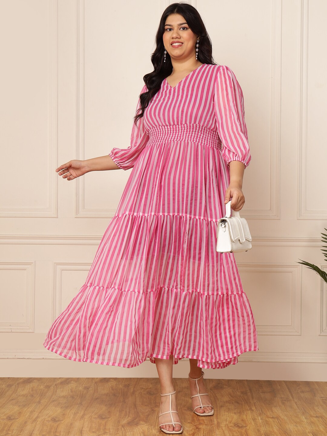

DEEBACO Striped V-Neck Puff Sleeve Chiffon Empire Midi Dress, Pink