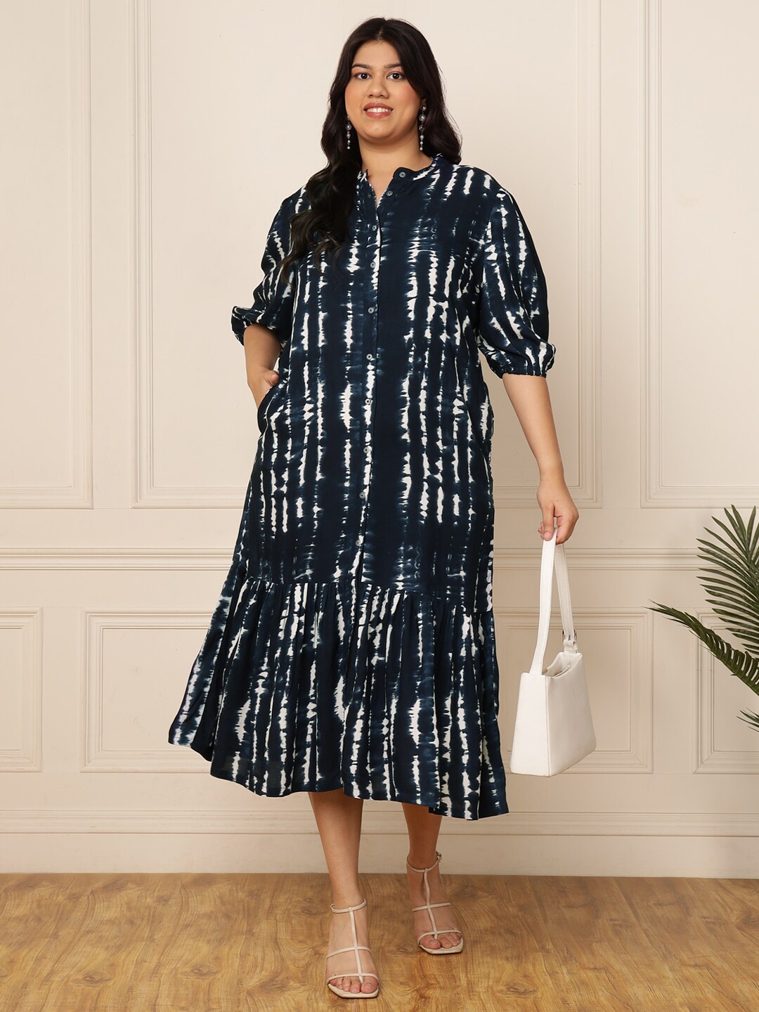 

DEEBACO Plus Size Tie and Dye Print Puff Sleeve A-Line Midi Dress, Navy blue