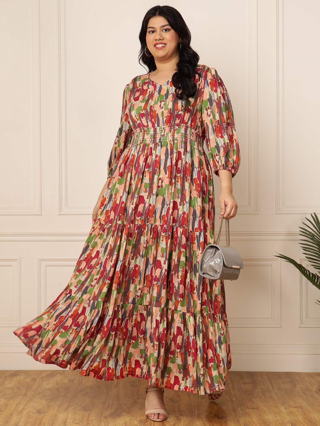 

DEEBACO Plus Size Floral Printed Puff Sleeve Maxi Dress, Beige