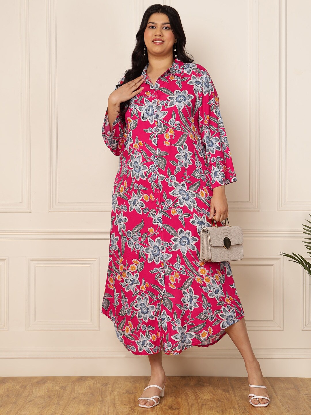 

DEEBACO Plus Size Floral Print A-Line Midi Dress, Magenta