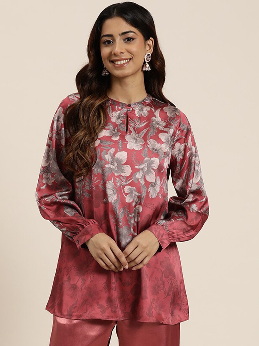 

HERE&NOW Red Floral Printed Keyhole Neck Satin A-Line Kurti