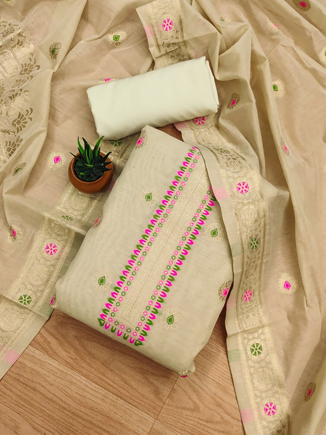 

KALINI Ethnic Motifs Woven Design Art Silk Unstitched Dress Material, Cream