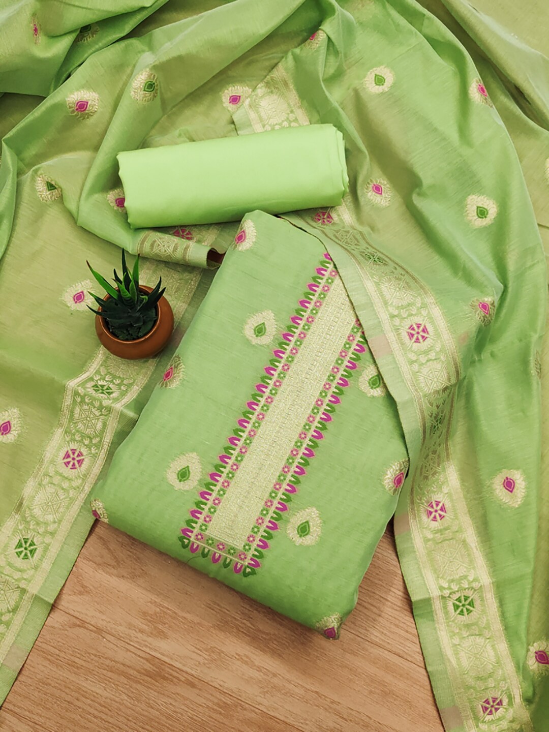 

KALINI Ethnic Motifs Woven Design Art Silk Unstitched Dress Material, Lime green