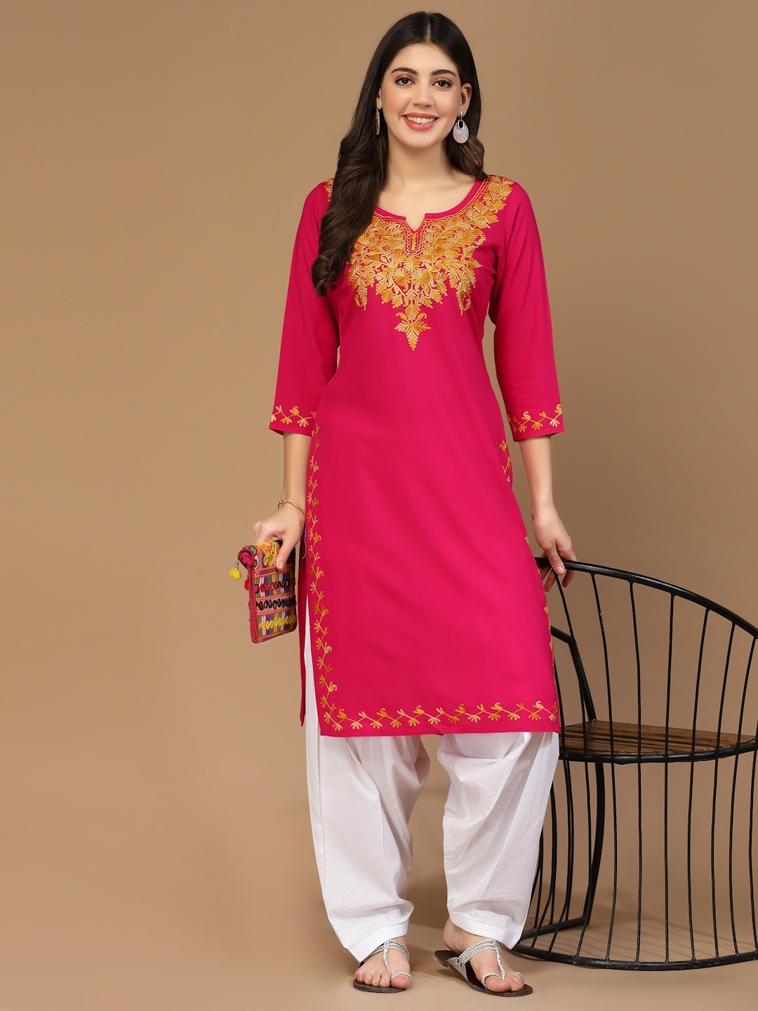 

QAZMI Ethnic Motifs Aari Embroidered Kurta, White