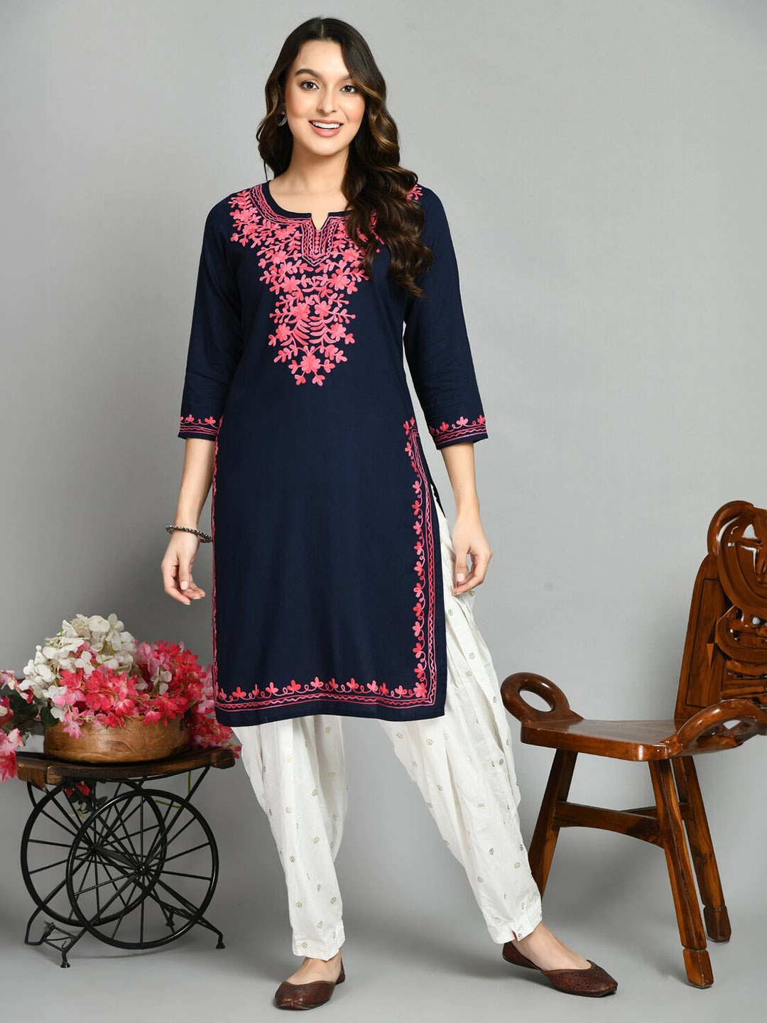 

QAZMI Floral Aari Embroidered Straight Kurta, Blue