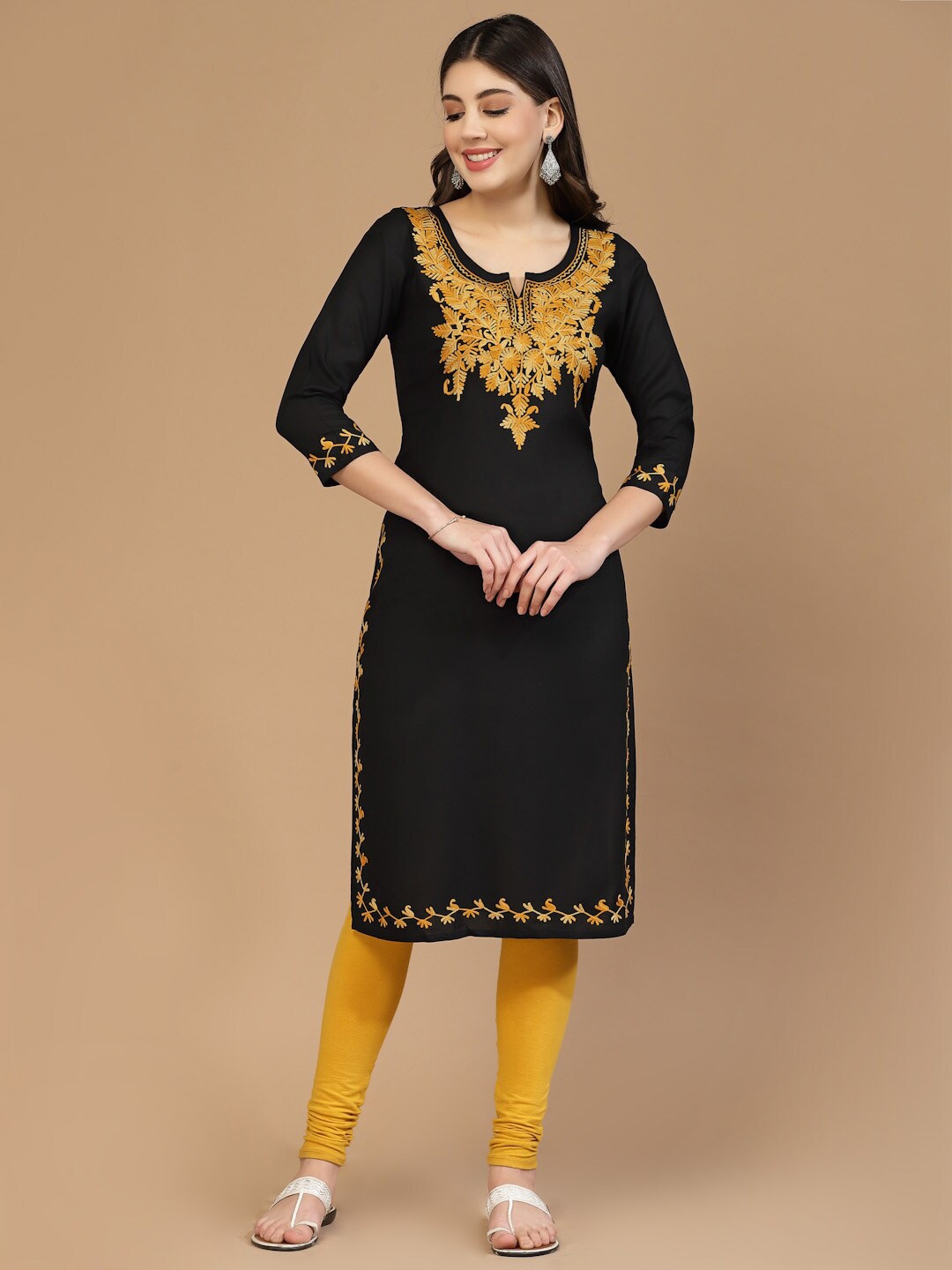 

Qazmi Kashmiri Aari Embroidered Straight Kurta, Black