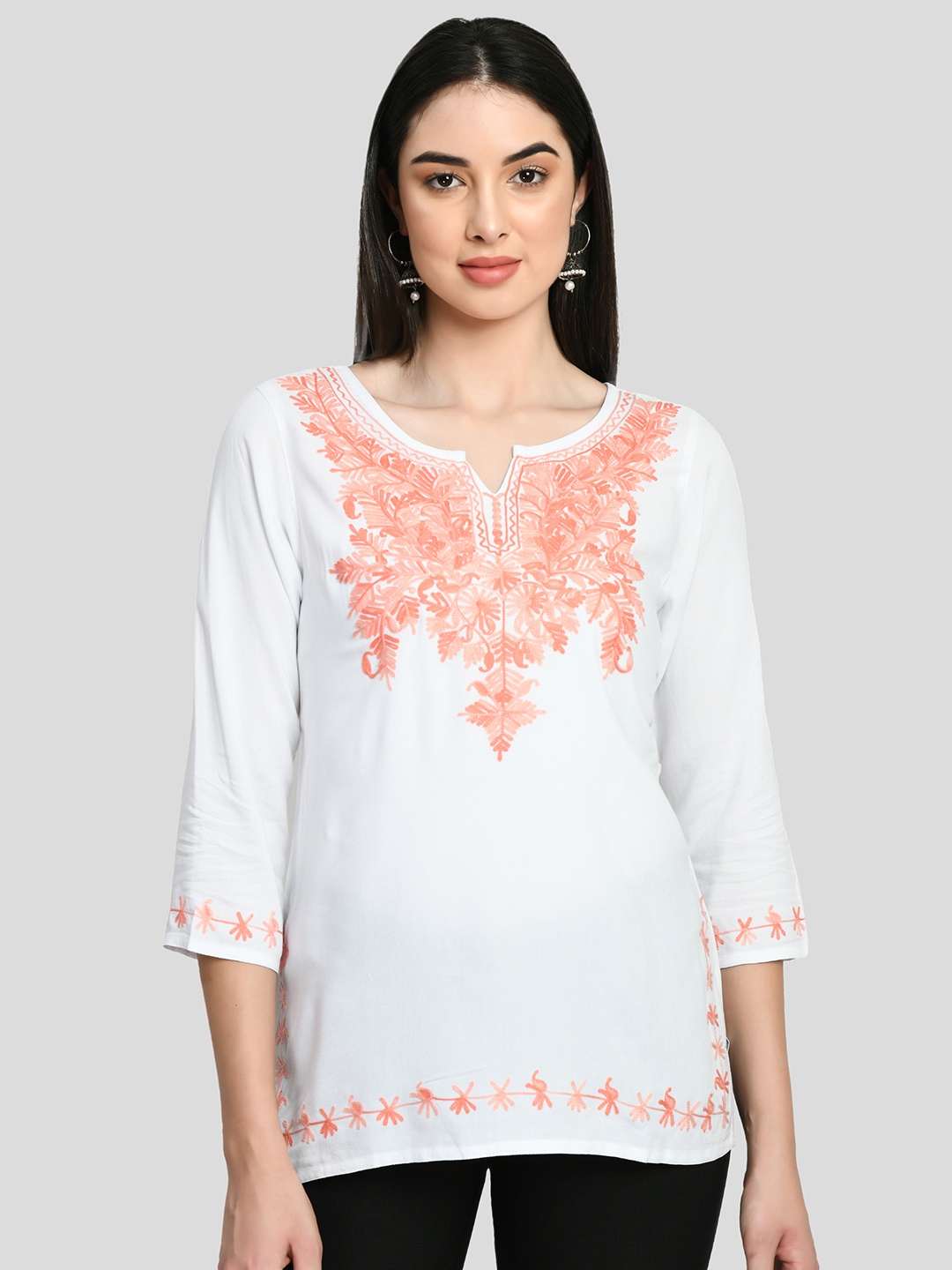 QAZMI Floral Kashmiri Embroidered Straight Kurti, White