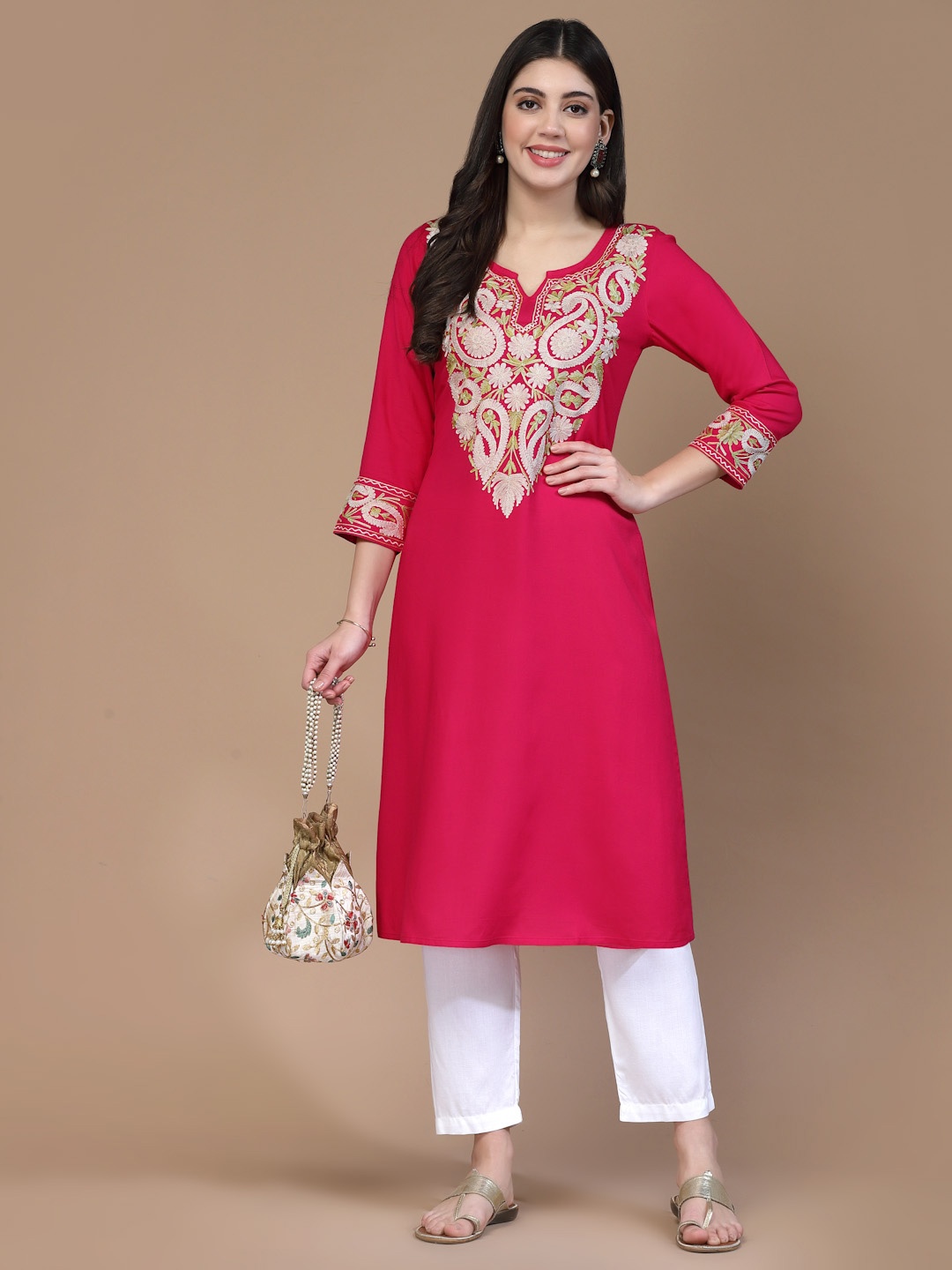 

QAZMI Shirin Kashmiri Aari Work A-Line Kurta, Pink