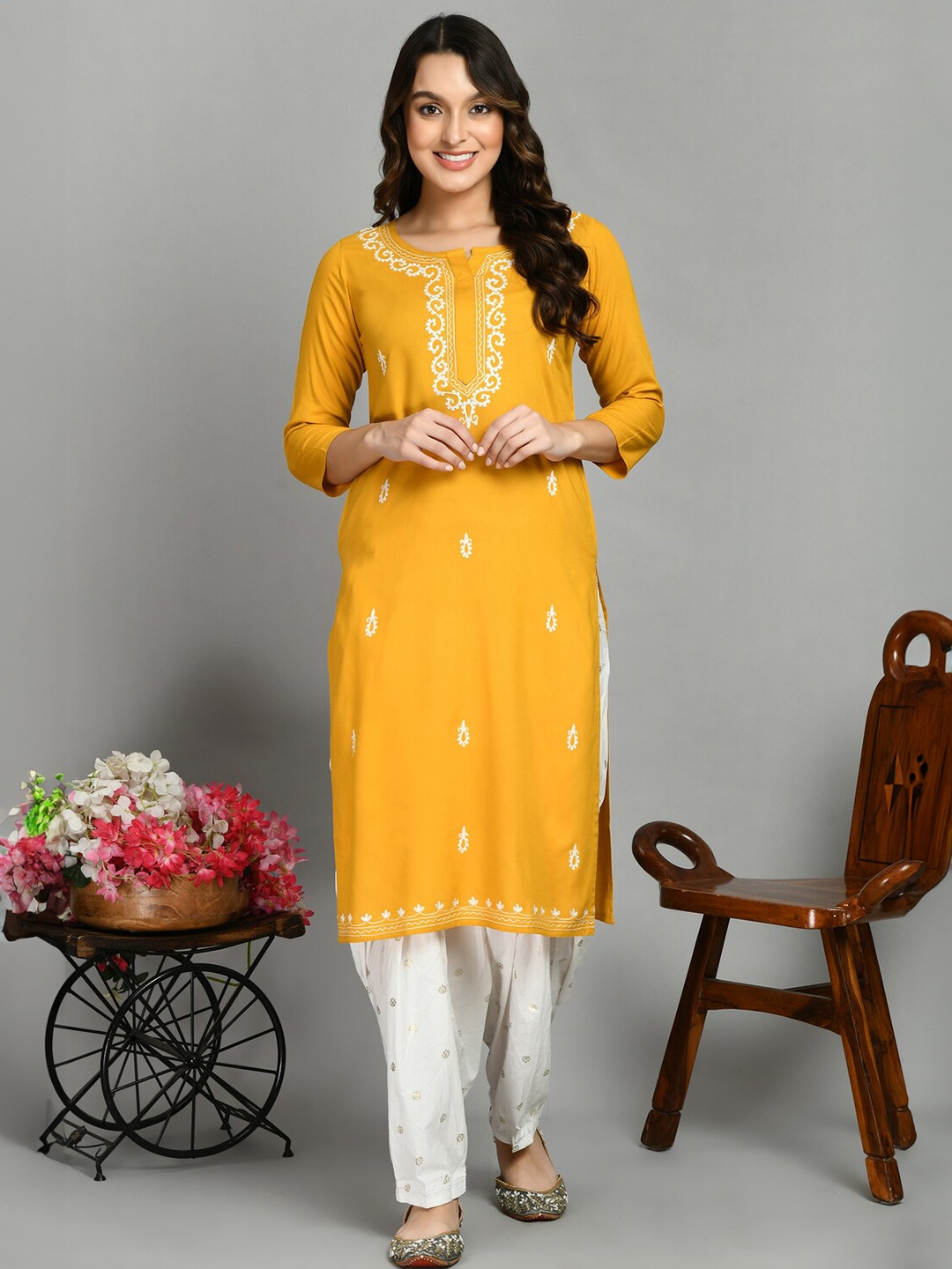 

QAZMI Ethnic Motifs Yoke Design Thread Work Kurta, Yellow
