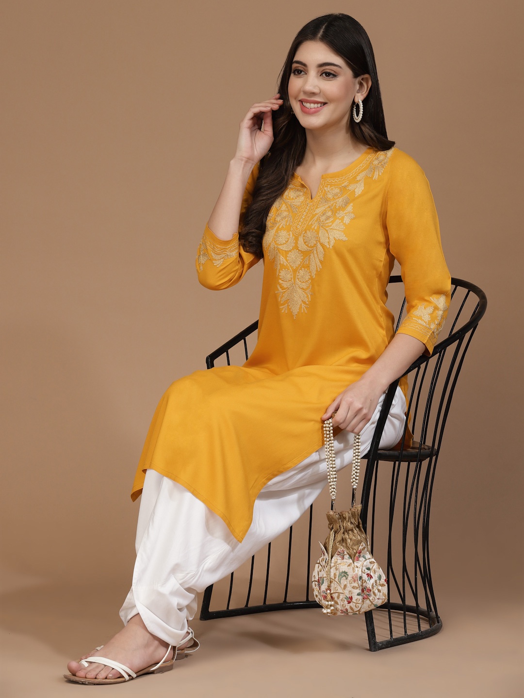 

QAZMI Mehak Kashmiri Zari Work Straight Kurta, Mustard