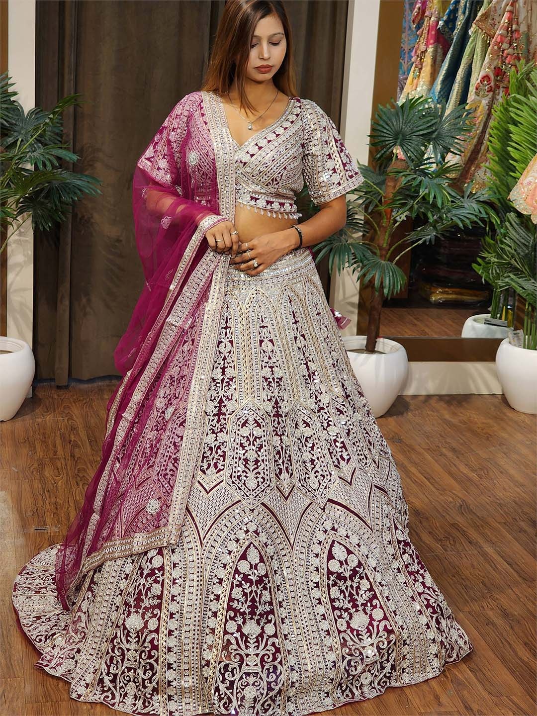 

Durga clothing Embroidered Ready to Wear Lehenga & Blouse With Dupatta, Burgundy