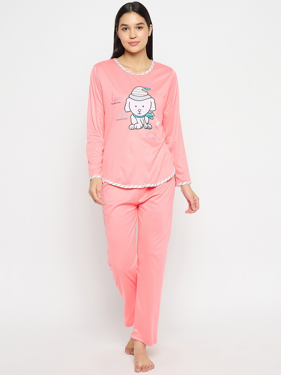

Camey Graphic Printed Round Neck Night suit, Pink