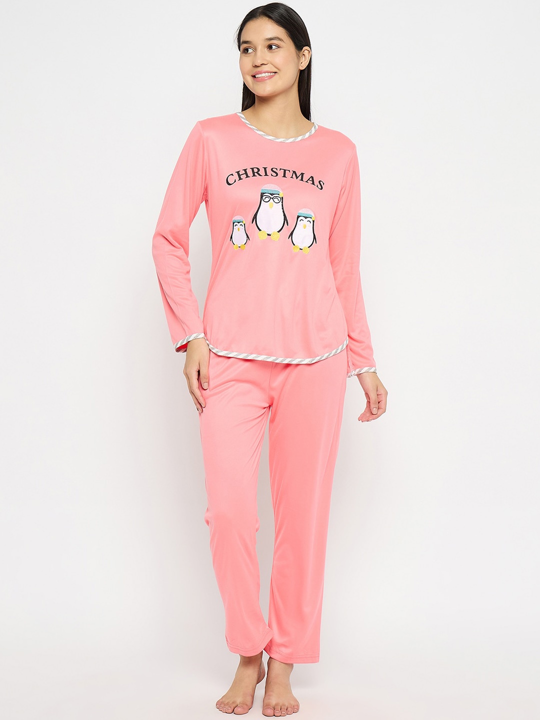 

Camey Graphic Printed Round Neck Night suit, Pink