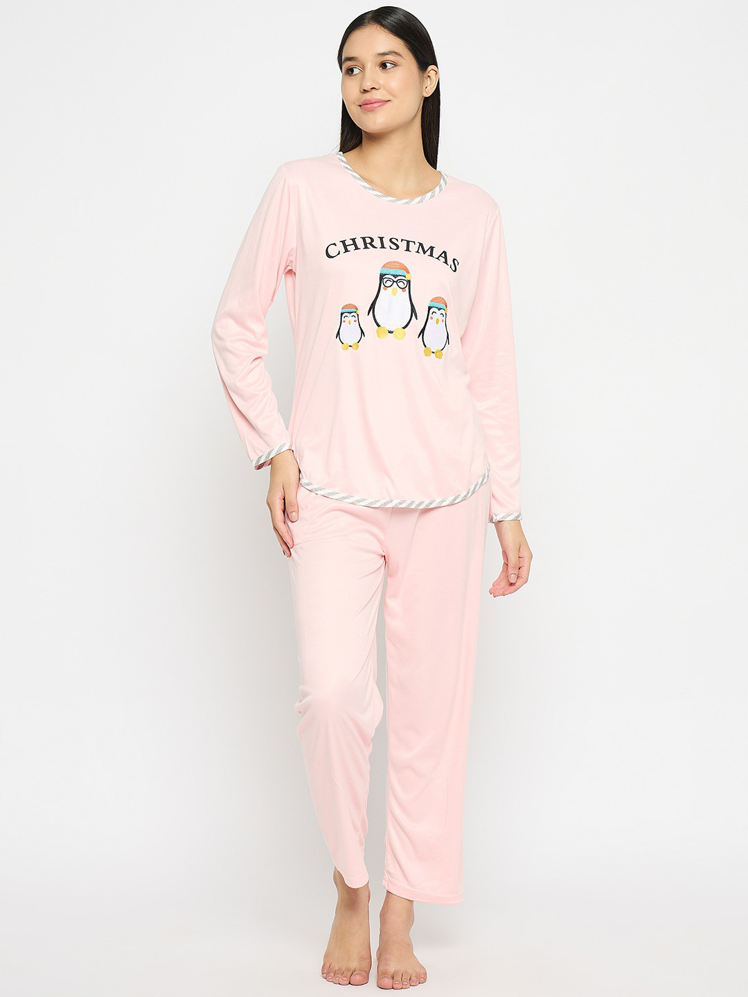 

Camey Graphic Printed Round Neck Night suit, Peach