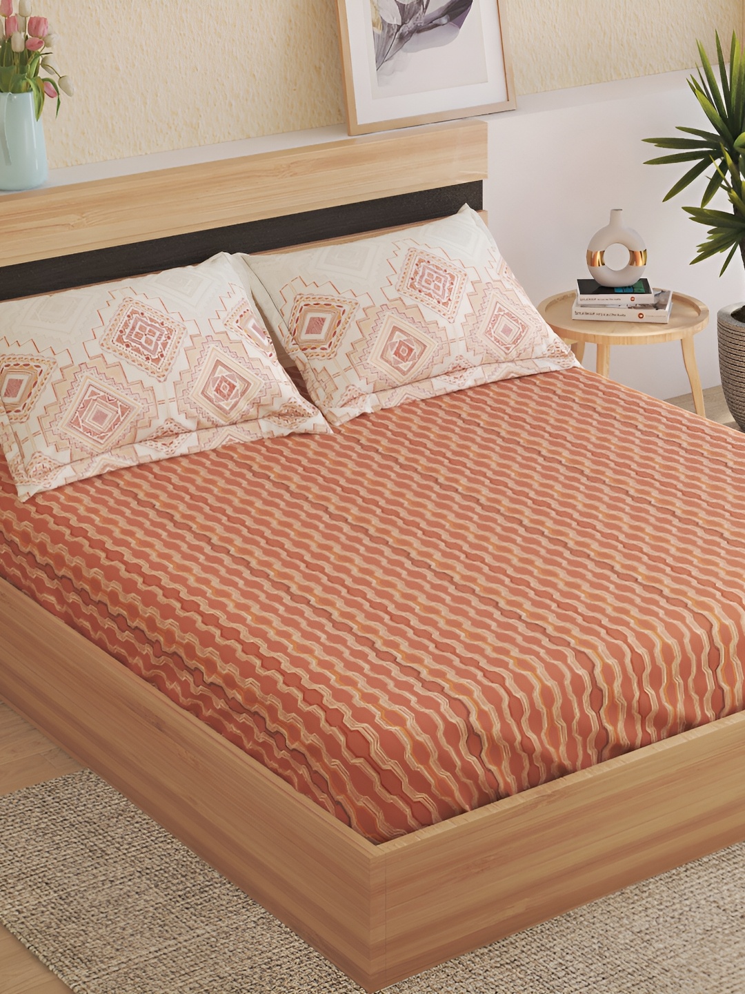 

Home Centre Brown Ethnic Motifs 250 TC Cotton Fitted King Bedsheet & 2 Pillow Covers