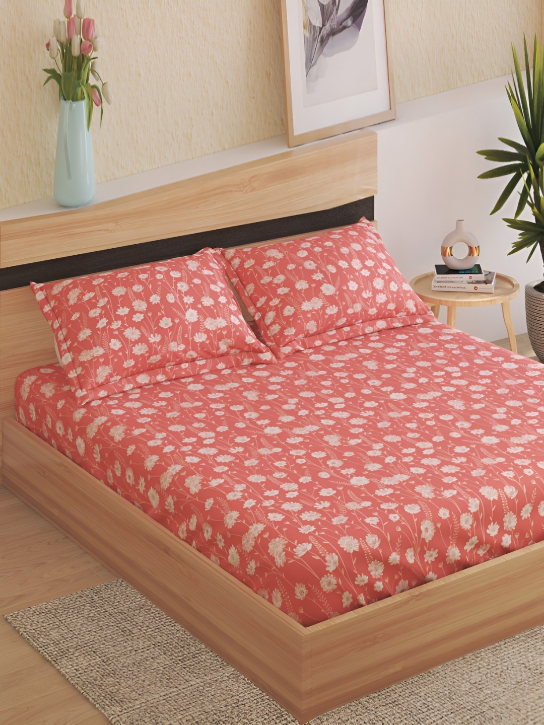 

Home Centre Pink & Off White Floral 144 TC Cotton Fitted King Bedsheet & 2 Pillow Covers