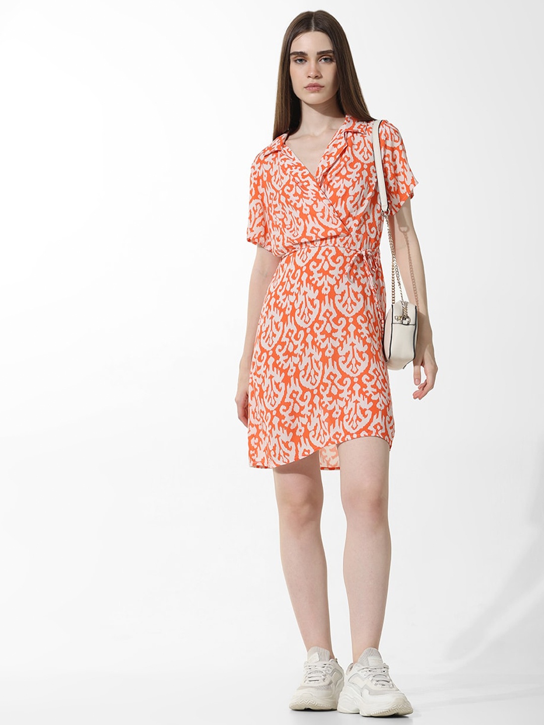 

ONLY Onlkylee Floral Printed Shirt Collar Tie-Ups Wrap Dress, Orange