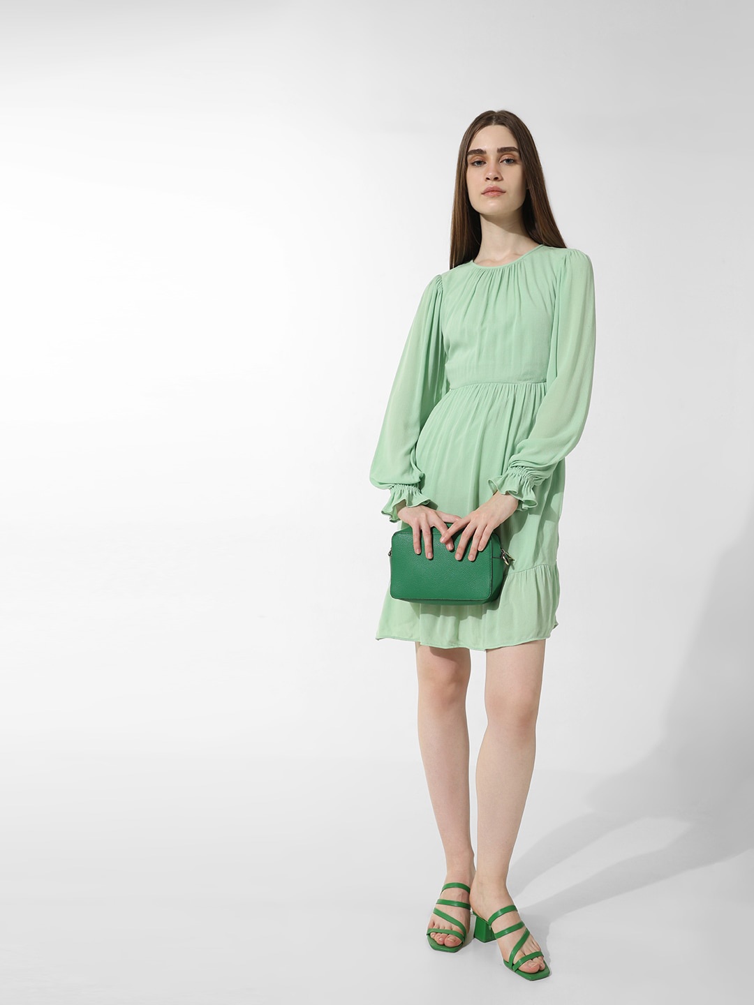 

ONLY Onlpenny Cuffed Sleeves Tiered Detail A-Line Dress, Green