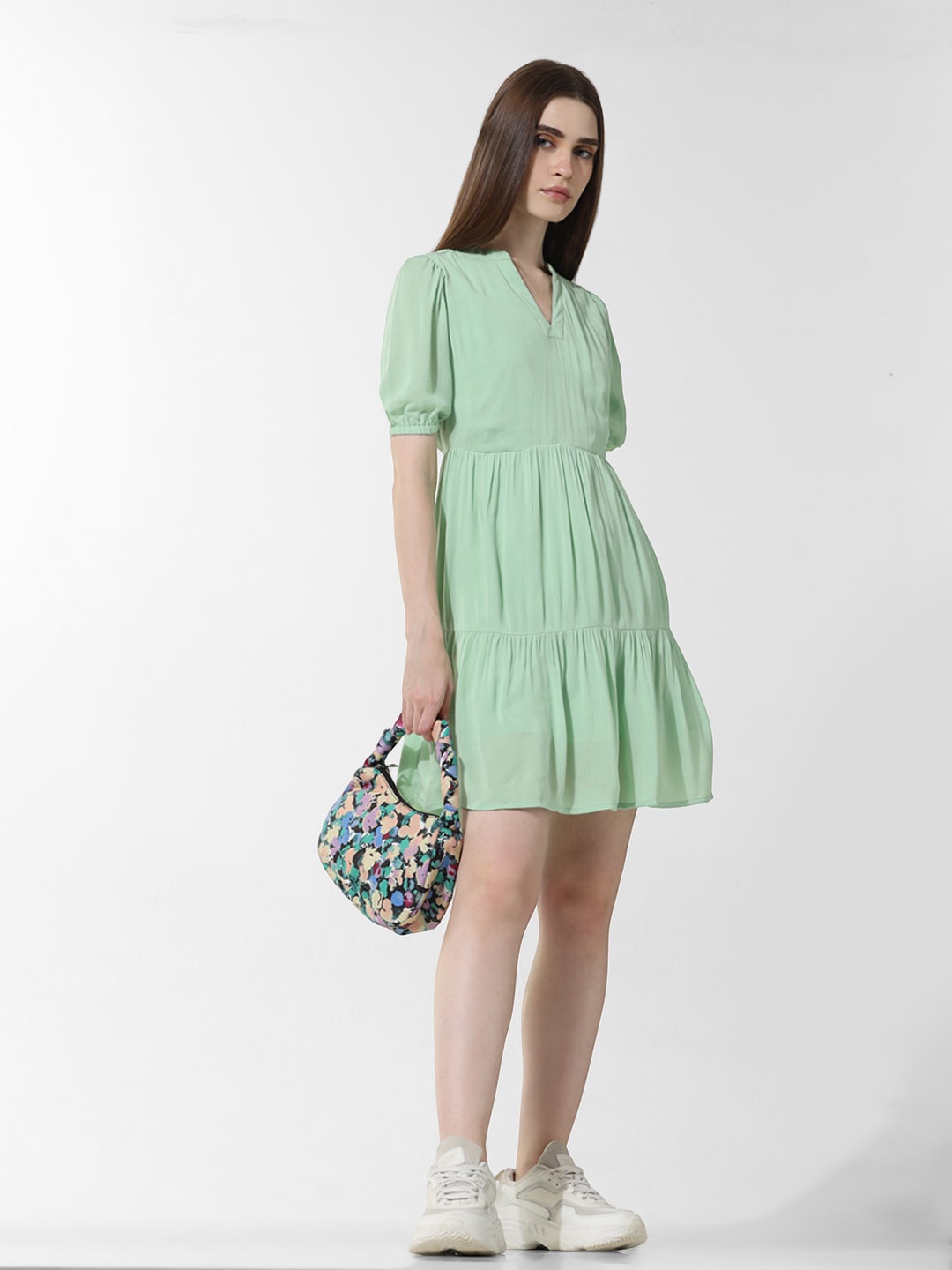 

ONLY Onlketty Mandarin Collar Puff Sleeve Fit & Flare Dress, Green