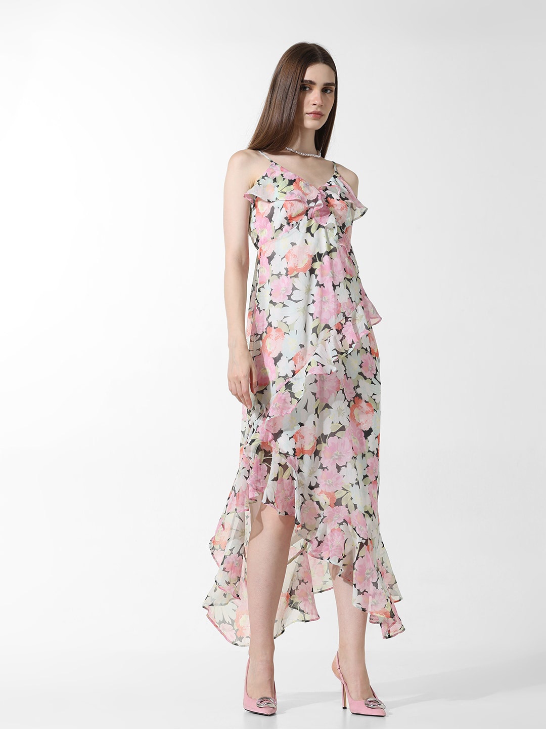 

ONLY ONLPROMISE SL Floral Printed Shoulder Straps Chiffon A-Line Midi Dress, White