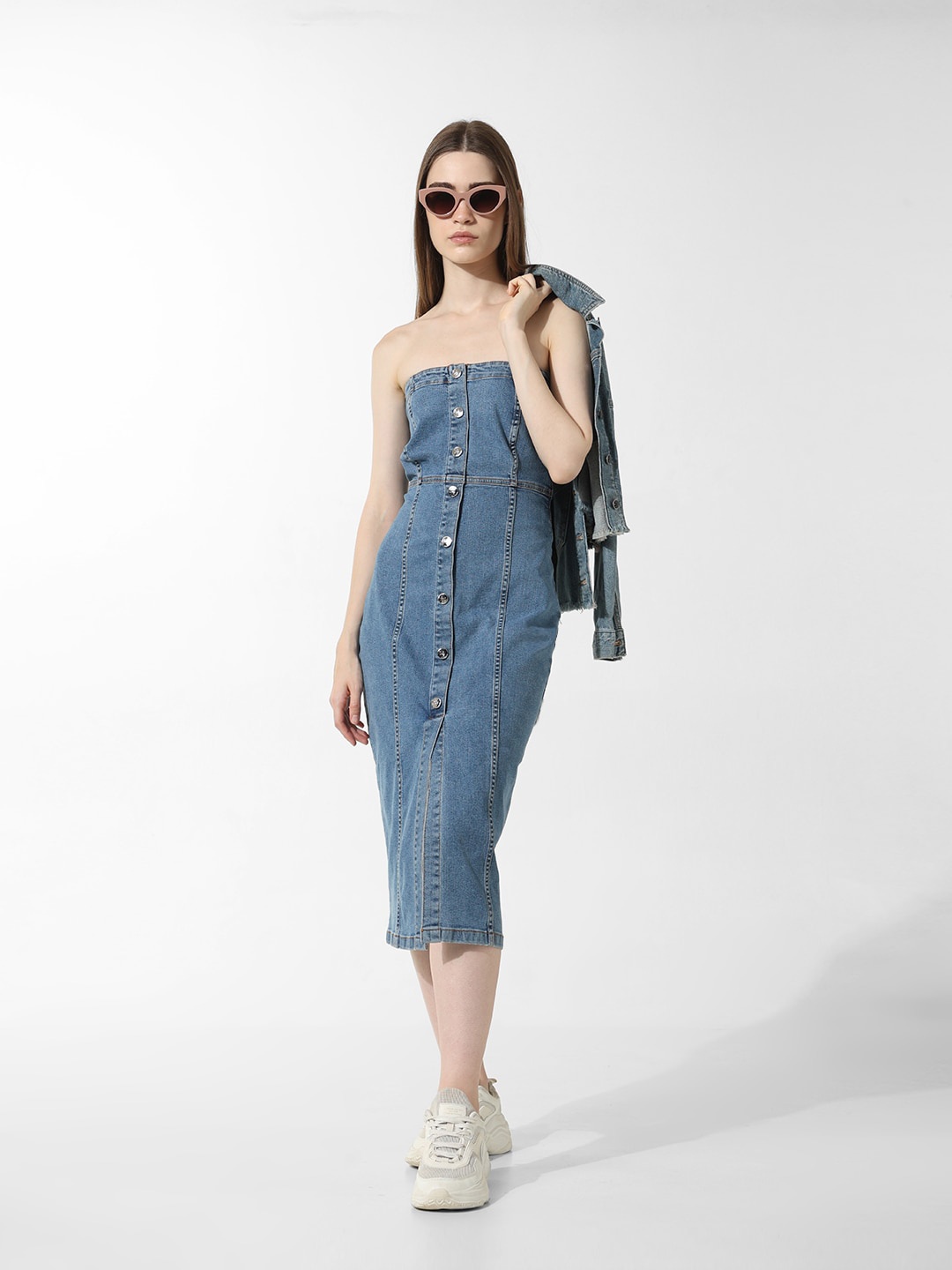 

ONLY Onlhaida Tube Strapless Denim Sheath Midi Dress, Blue