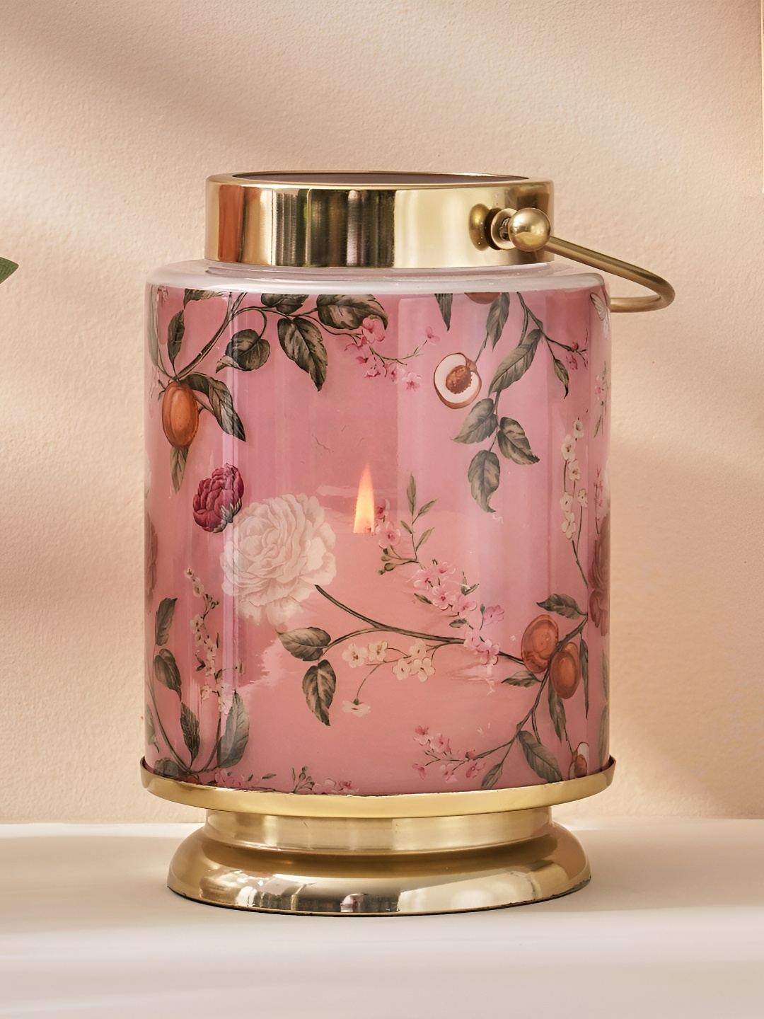 

Home Centre Pink & Gold-Toned Iron and Glass Decal Floral Lantern