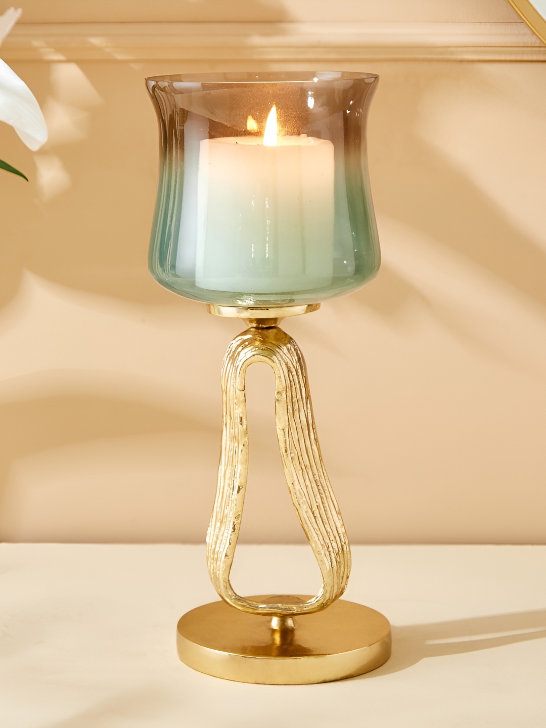 

Home Centre Green & Gold-Toned Glass Hurricane Candle Holder