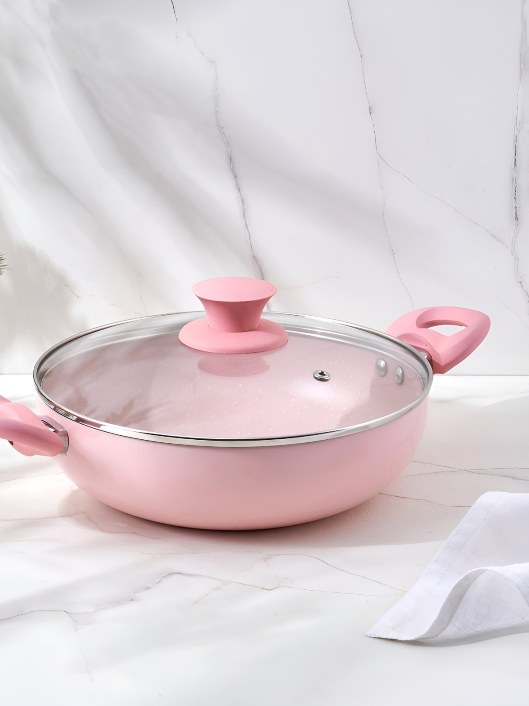 

Home Centre Colour Refresh Pink Aluminium Non-Stick Kadhai With Glass Lid