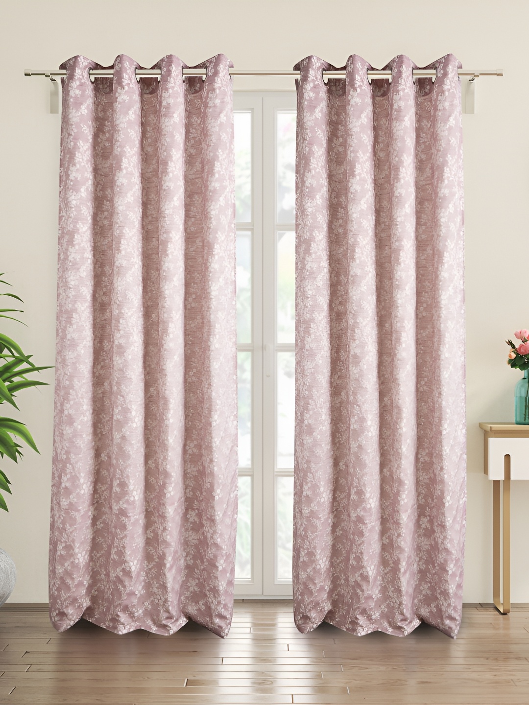 Home Centre Pink & Off White 2 Pieces Floral Printed Eyelet Door Curtains