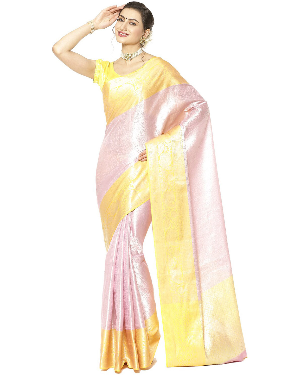 

Humairah Paisley Woven Design Zari Kanjeevaram Saree, Pink