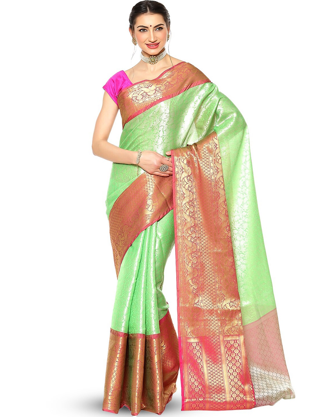 

Humairah Floral Woven Design Zari Kanjeevaram Saree, Green