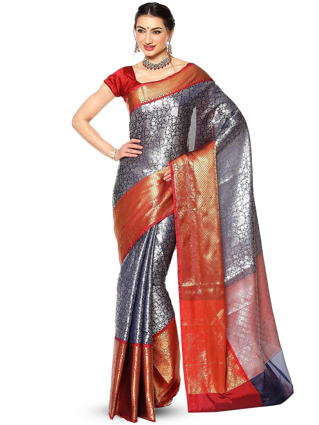 

Humairah Floral Woven Design Zari Kanjeevaram Saree, Navy blue