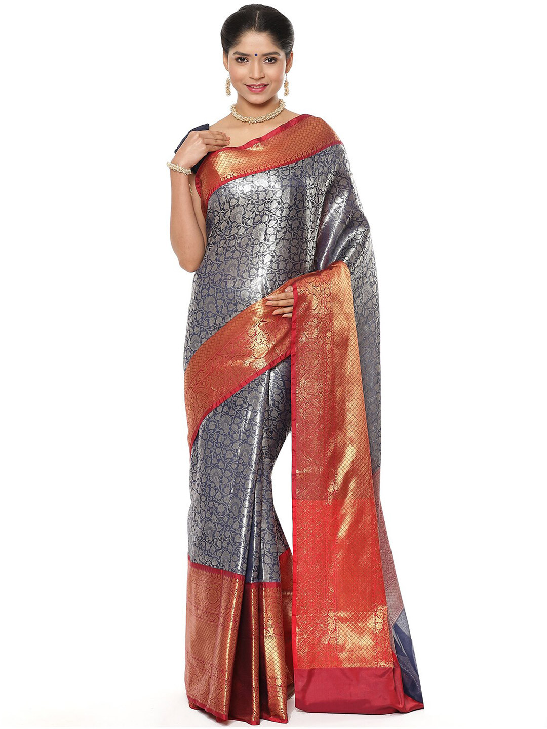 

Humairah Floral Woven Design Zari Kanjeevaram Saree, Navy blue