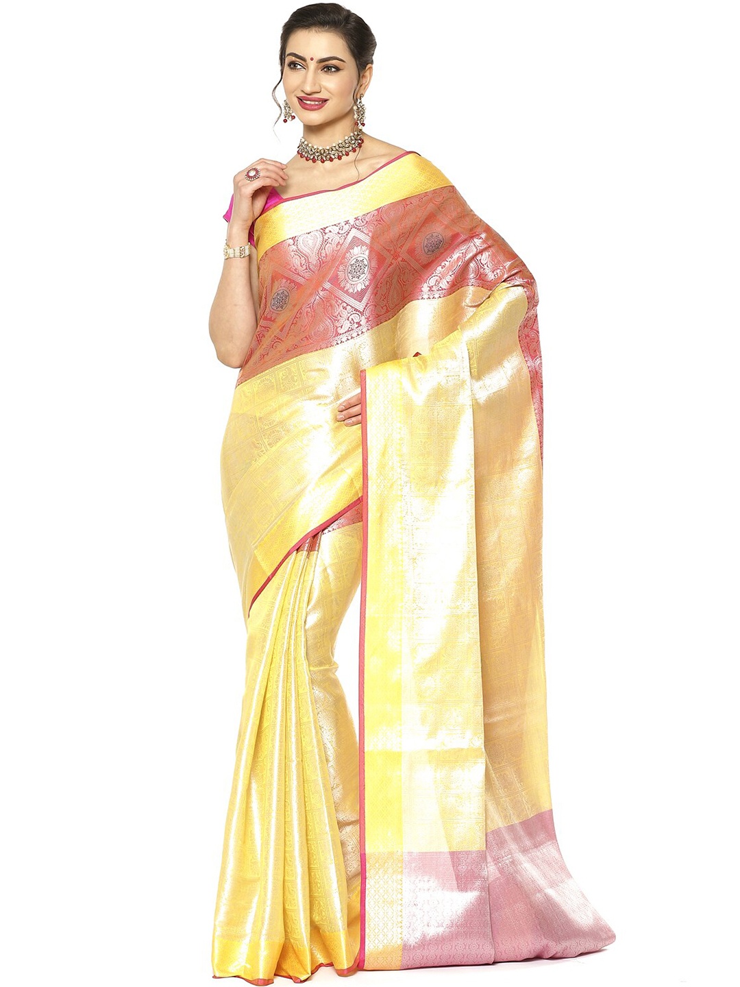 

Humairah Floral Woven Design Zari Kanjeevaram Saree, Gold