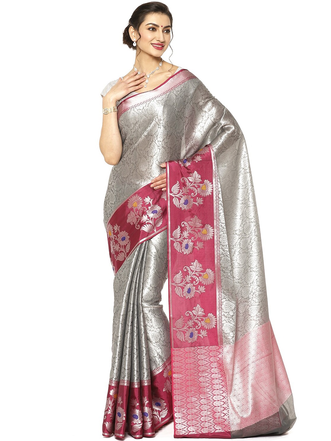 

Humairah Ethnic Woven Design Zari Kanjeevaram Saree, Grey