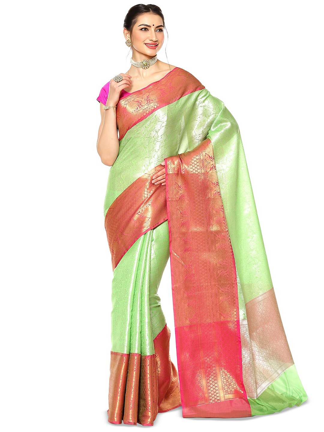 

Humairah Floral Woven Design Zari Kanjeevaram Saree, Green