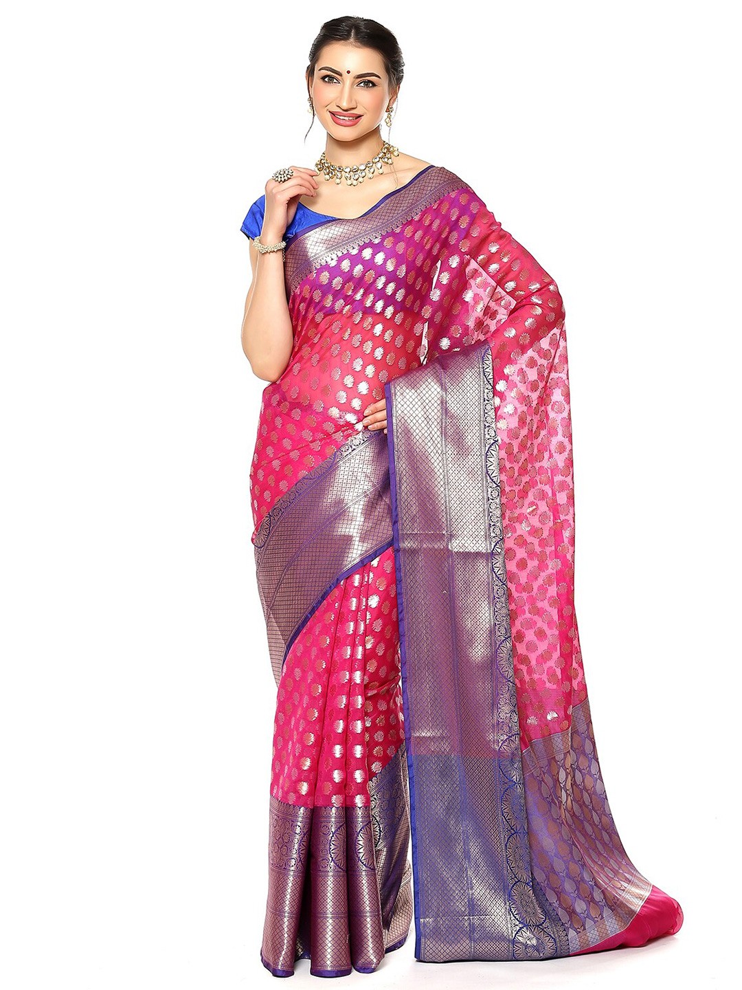 

Humairah Floral Zari Kanjeevaram Saree, Pink