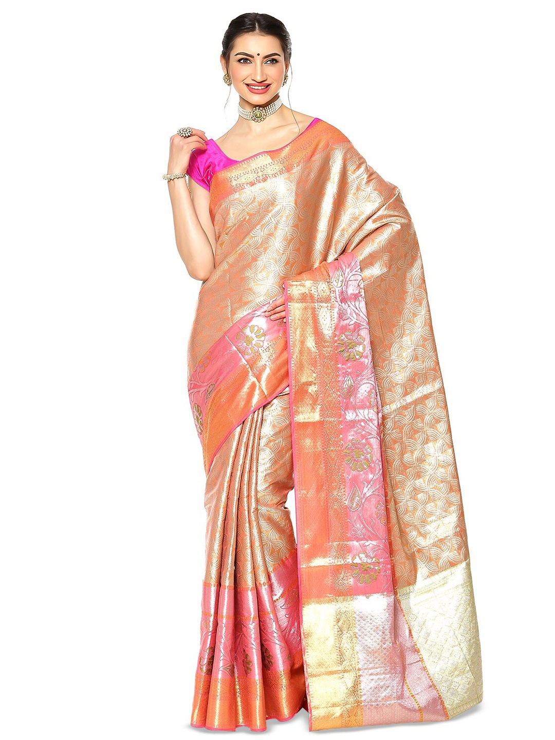 

Humairah Floral Zari Art Silk Jamdani Saree, Peach