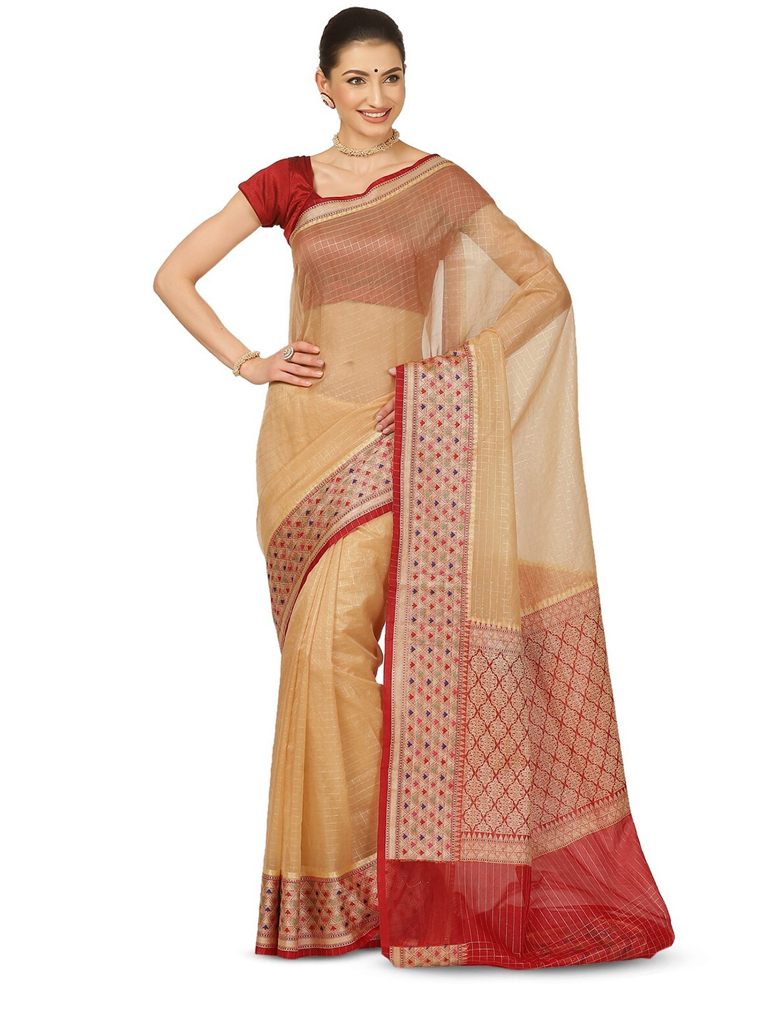 

Humairah Checked Zari Banarasi Saree, Beige