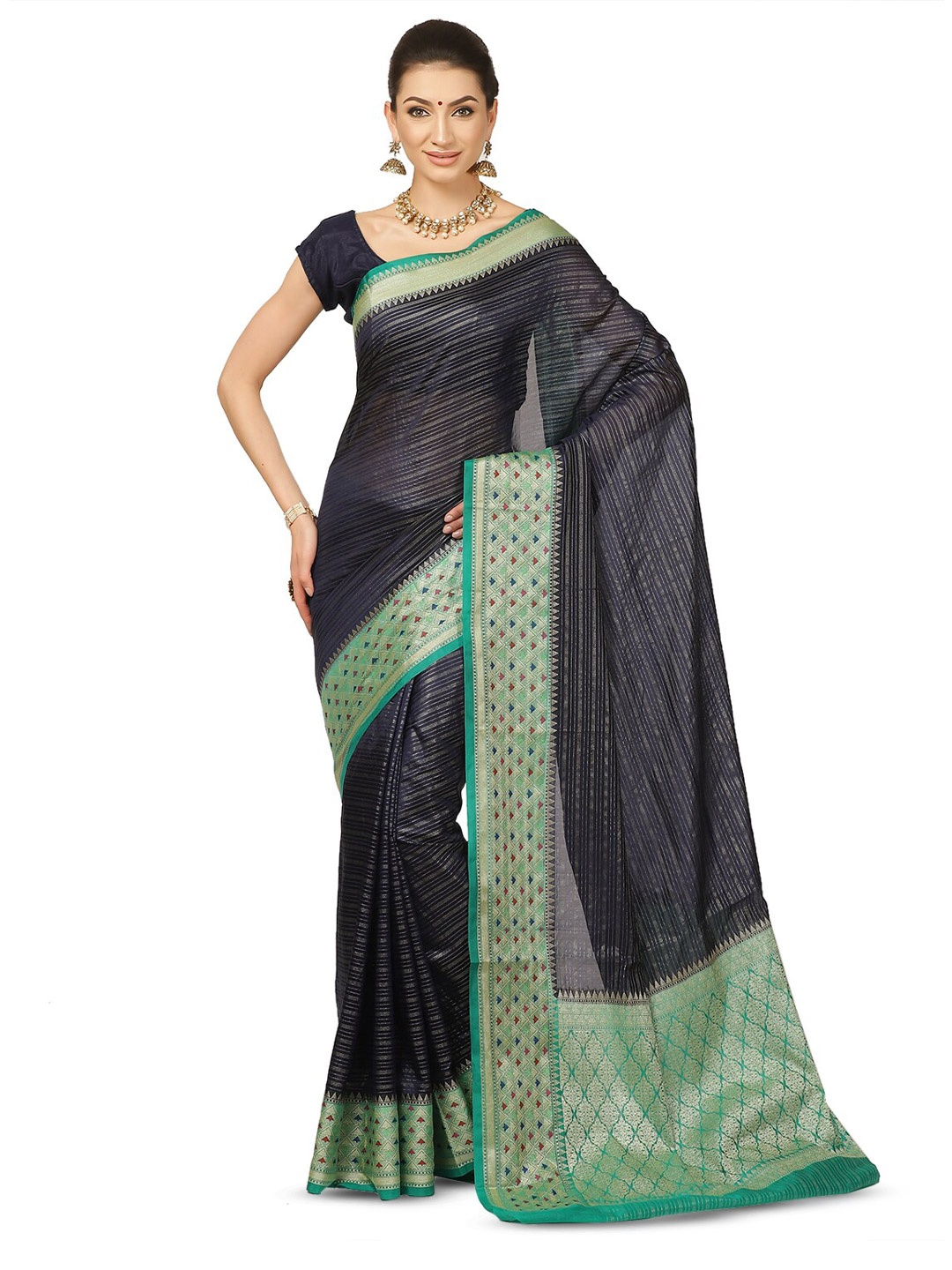 

Humairah Striped Woven Design Zari Organza Banarasi Saree, Navy blue