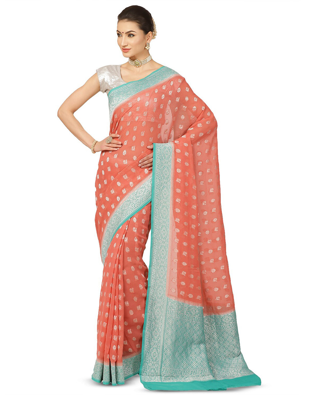 

Humairah Floral Woven Design Zari Pure Georgette Banarasi Saree, Peach